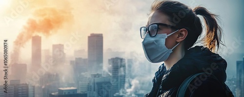 Young woman wearing protective mask against pollution. City skyline in the background, highlighting environmental concerns and health awareness.