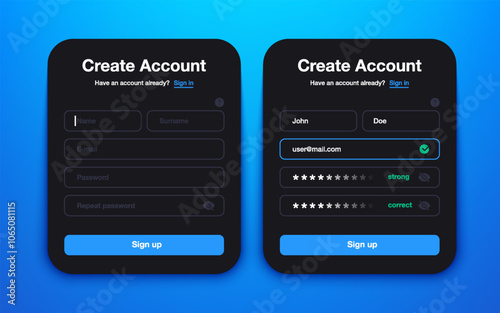 Create account UI. Sign up and log in dark form theme with personal profile data, modern mobile application page with user registration input fields. Vector illustration
