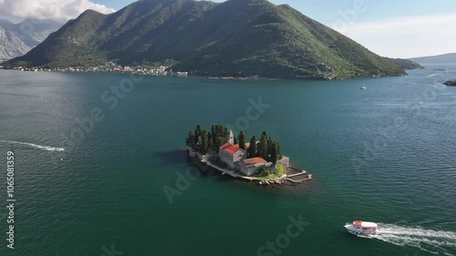Aerial view of Saint George and Our Lady of the Rock islands, Kotor Bay, UNESCO World Heritage Site, Montenegro