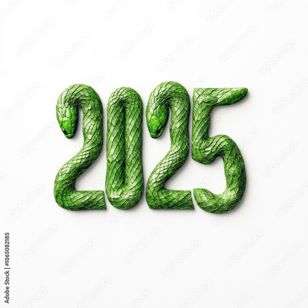 Fototapeta premium Green Snake Shaped as 2025 on White Background