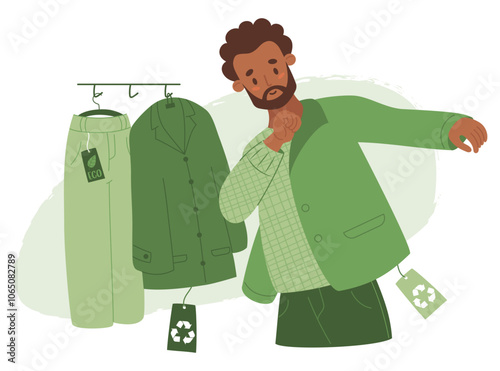 Eco Shopping. Black ethnic man trying on jacket made from recycled material. Buying eco-friendly clothes. Hanger with apparel. Concept of sustainable fashion and green technology. Vector illustration 