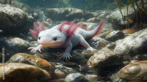 A white axolotl with pink gills sits on a bed of smooth river rocks, with its front legs outstretched and its back legs tucked underneath. photo