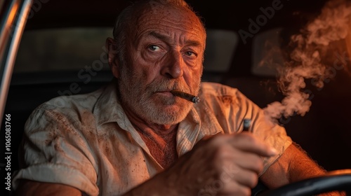 An elder sitting in a car, smoking a cigar with a rugged and thoughtful expression, surrounded by a dim, atmospheric light creating an intriguing ambiance. photo