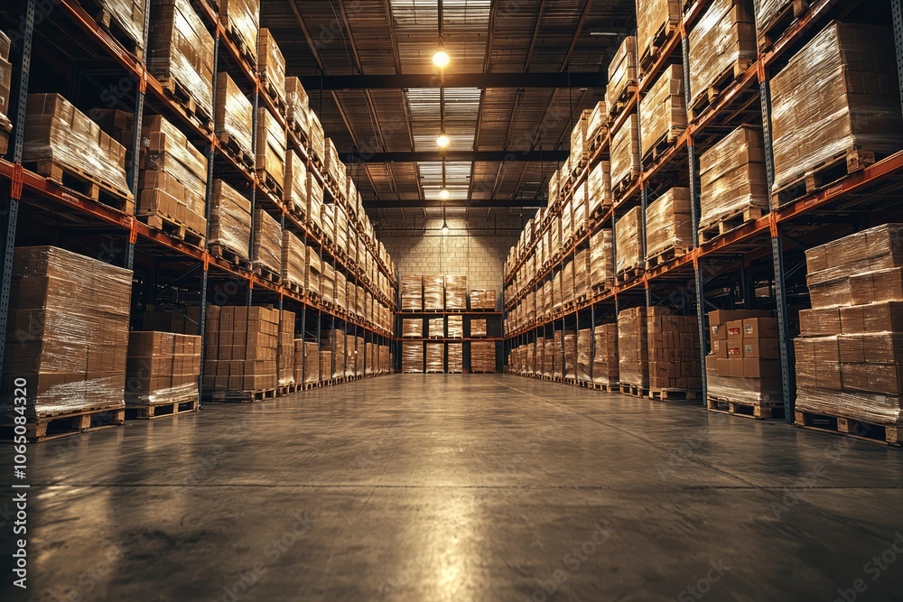 Warehouse Storage with Rows of Palletized Cardboard Boxes Warehouse Storage with Rows of Palletized Cardboard Boxes