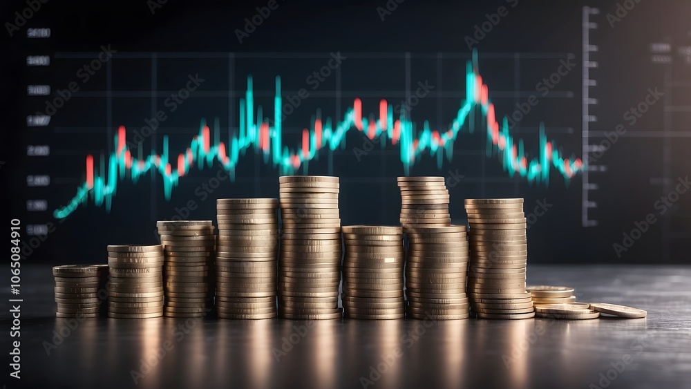 Stack of coins with graph chart growth up, Business marketing, Financial market stock cryptocurrency growing upward marketing Stack of coins with graph chart growth up, Business marketing, Financial market stock cryptocurrency growing upward marketing