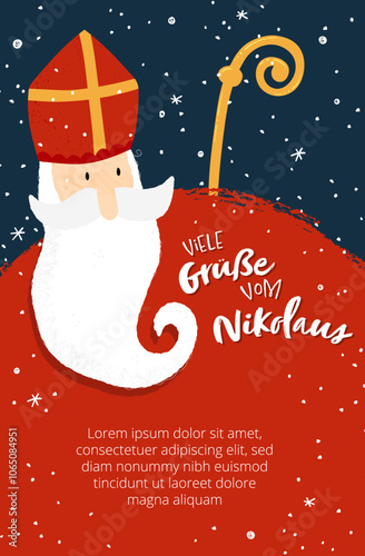 Lovely drawn Nikolaus character, , text in german saying "Greetings from St. Nikolaus" - great for invitations, banners, wallpapers, cards - vector design