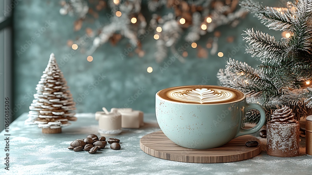 custom made wallpaper toronto digitalRustic Winter Coffee Setting with Latte Art and Festive Decorations for Holiday Season : Generative AI