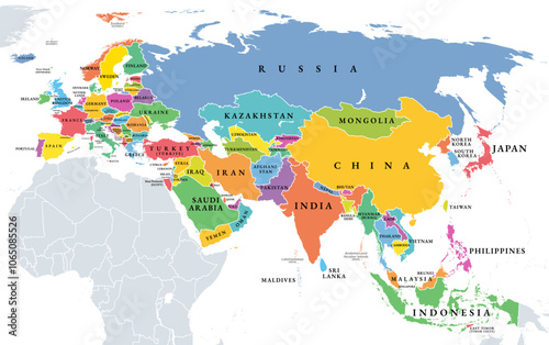 Eurasia, political map with individually colored states. Largest continental area on Earth, comprising all landmasses of Europe and Asia. With its nearly 100 states it is also called a supercontinent.