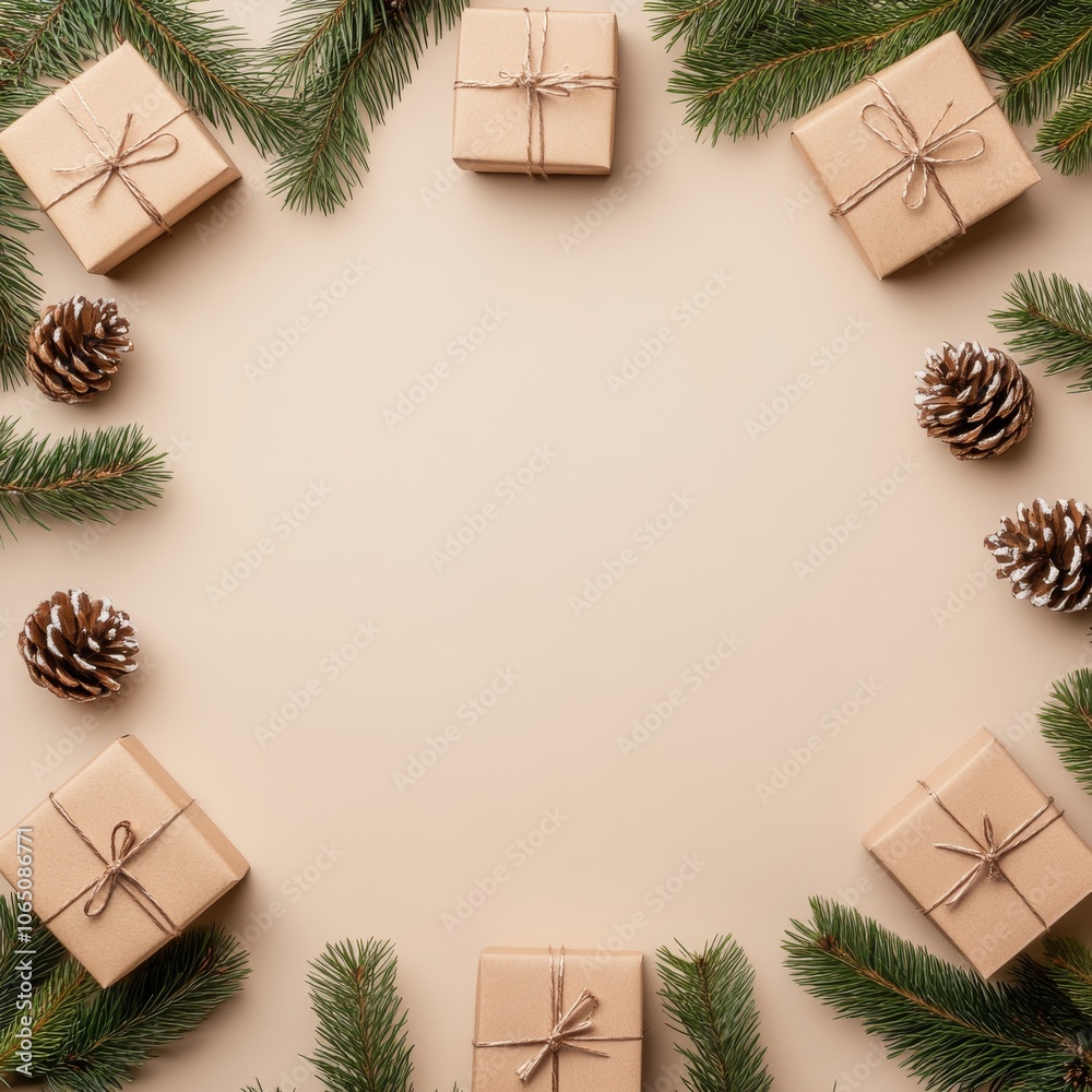Festive arrangement with gifts and pinecones on a light background for holiday celebrations. Festive arrangement with gifts and pinecones on a light background for holiday celebrations.