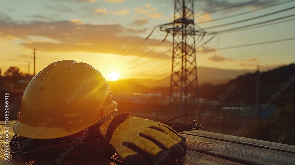 © TensorSpark - Safety gear with sunset backdrop emphasizes workplace safety and vigilance.