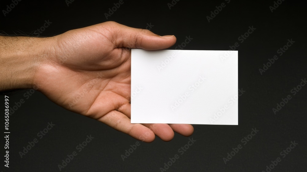 Obraz premium Hand holding a blank card on a dark background, ready for customization or message.