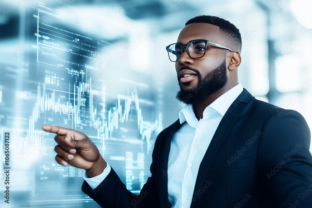 Fototapeta premium A man in a suit points at digital graphs and data analysis on a transparent screen, engaged in a discussion