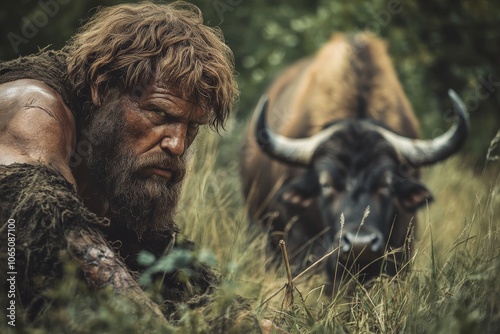 A muscular man clad in tattered garments sits in a field, his intense gaze focused on a buffalo, highlighting the raw beauty of man's cohabitation with nature. photo