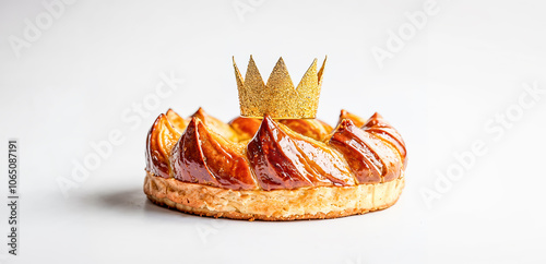 galette des rois, tradition française, avec une couronne dorée posée dessus - fond blanc