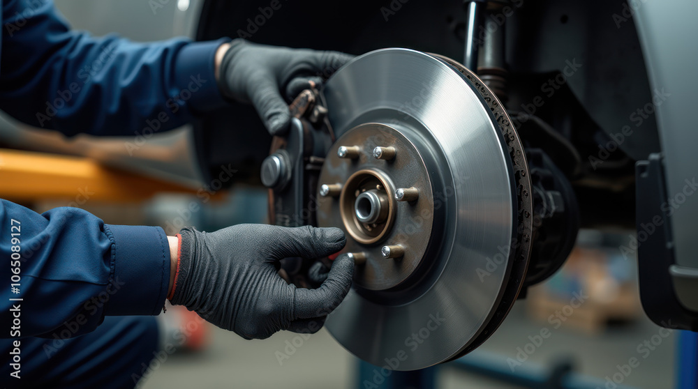 Mechanic changing car brakes in a professional auto repair shop using tools Mechanic changing car brakes in a professional auto repair shop using tools
