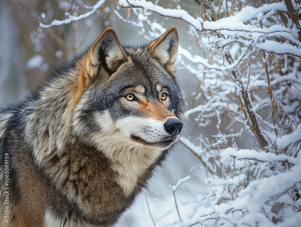 portrait a grey wolf standing in a snowy forest portrait a grey wolf standing in a snowy forest