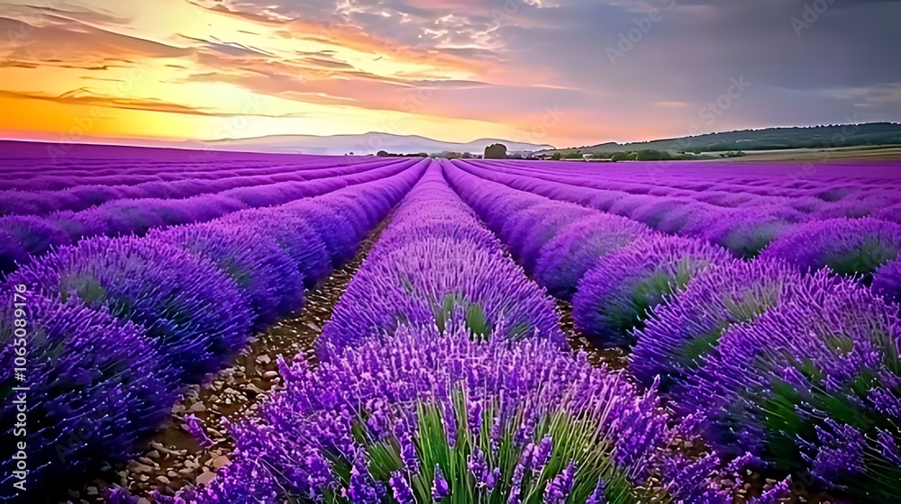 Obraz premium Lavender field at sunset with rows of purple flowers and a golden sky.