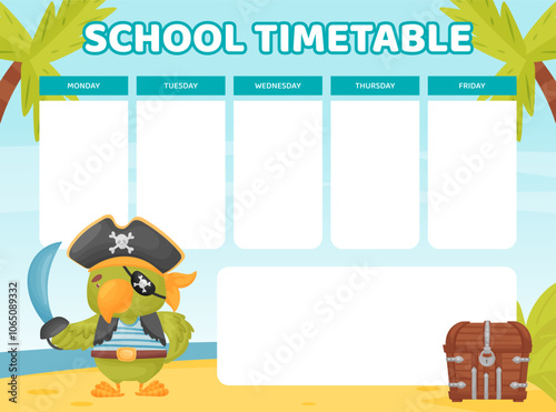 Cute Animal Pirate and Sea Robber School Timetable Vector Template