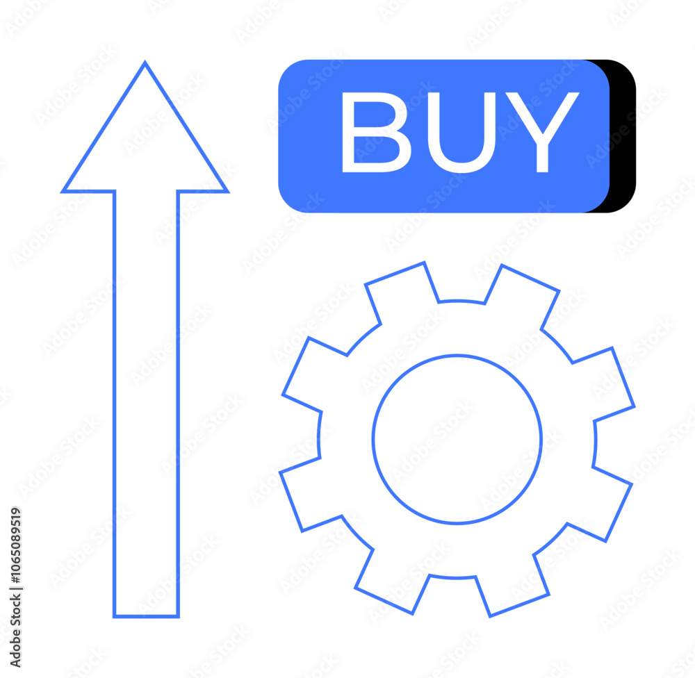 Blue upward arrow, gear wheel, and Buy button symbolize growth, productivity, and commerce. Ideal for business strategy, marketing, e-commerce, technology, productivity, growth, online shopping Line Blue upward arrow, gear wheel, and Buy button symbolize growth, productivity, and commerce. Ideal for business strategy, marketing, e-commerce, technology, productivity, growth, online shopping Line