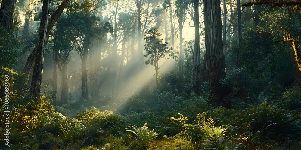 Fototapeta premium Serene forest scene with sunlight filtering through trees