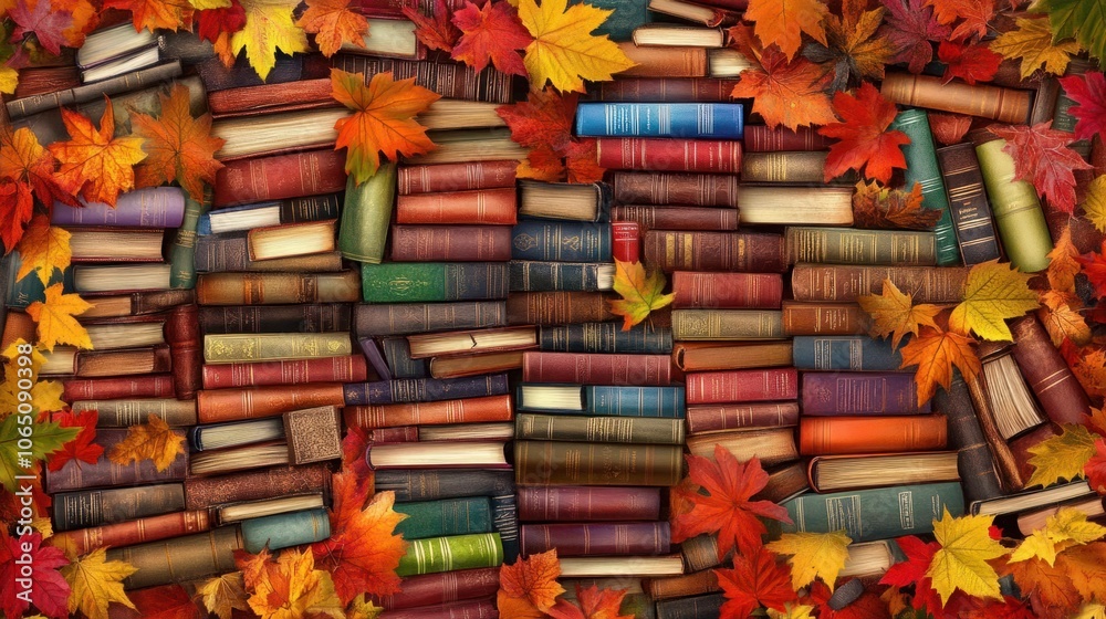 Fototapeta premium Rustic Bookshelf with Autumn Leaves