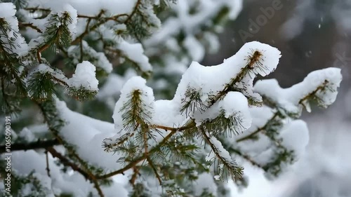 Close-Up Snowy Branches in Winter, Snow-Covered Branches in Gentle Snowfall
