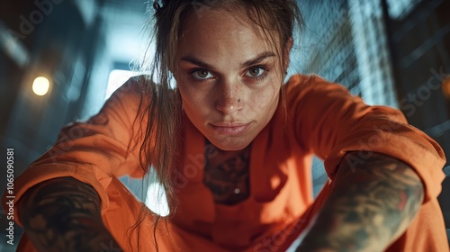 A captivating woman with tattoos in orange clothing strikes a unique pose, her piercing eyes and confident spirit shining boldly in a dramatic environment. photo