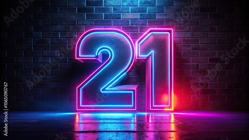 Glowing neon numeric number 21 with 4-color futuristic effect, trendy glow lighting, neon, numeric, number, 21, colorful