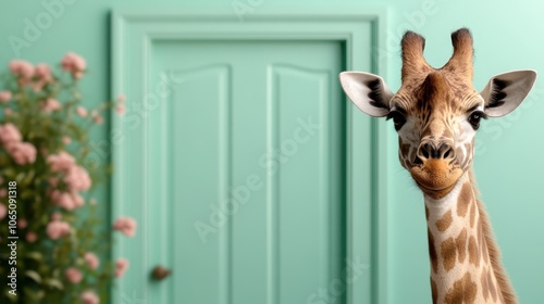 A giraffe gazes towards the viewer with a calm expression against a teal background, hinting at adventure and discovery, while foliage adds natural contrast. photo