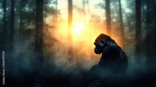 A majestic gorilla is seen in a dense, misty forest during sunrise, capturing a moment of serenity and reflection through its contemplative posture. photo