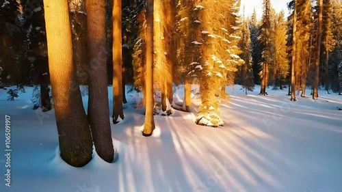Sunlight Through Snowy Trees in Winter Forest, Snow-Covered Trees Illuminated by Sunlight
