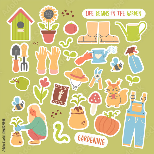 Сollection garden cute stikers flat design