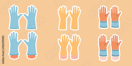 Collection stiсkers of different rubber gloves. Hand in rubber gloves