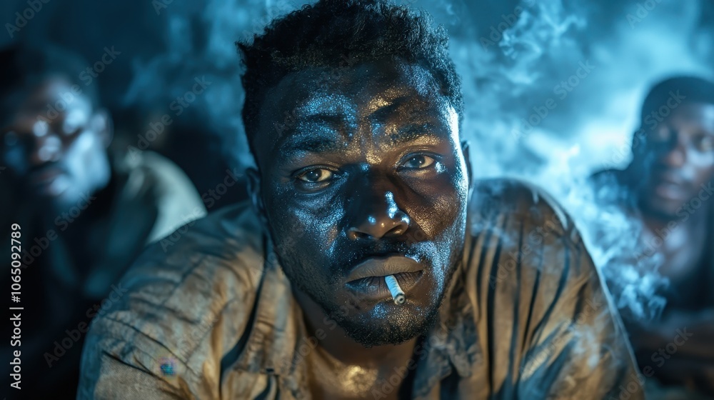 A man pensively smokes a cigarette in a smoky room, creating a dramatic and moody atmosphere as the light illuminates his face and companions in the backdrop. A man pensively smokes a cigarette in a smoky room, creating a dramatic and moody atmosphere as the light illuminates his face and companions in the backdrop.