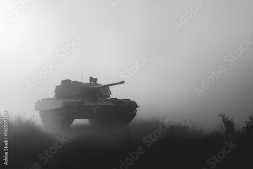 A tank silhouette emerges through dense, mysterious fog, evoking a sense of suspense and stealth. The scene is atmospheric and captivating, highlighting military presence.