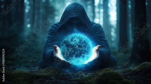 A mysterious hooded figure holds an ethereal glowing orb amidst a mystical, shadowy forest, suggesting themes of magic, enigma, and the ethereal allure of the unknown. photo