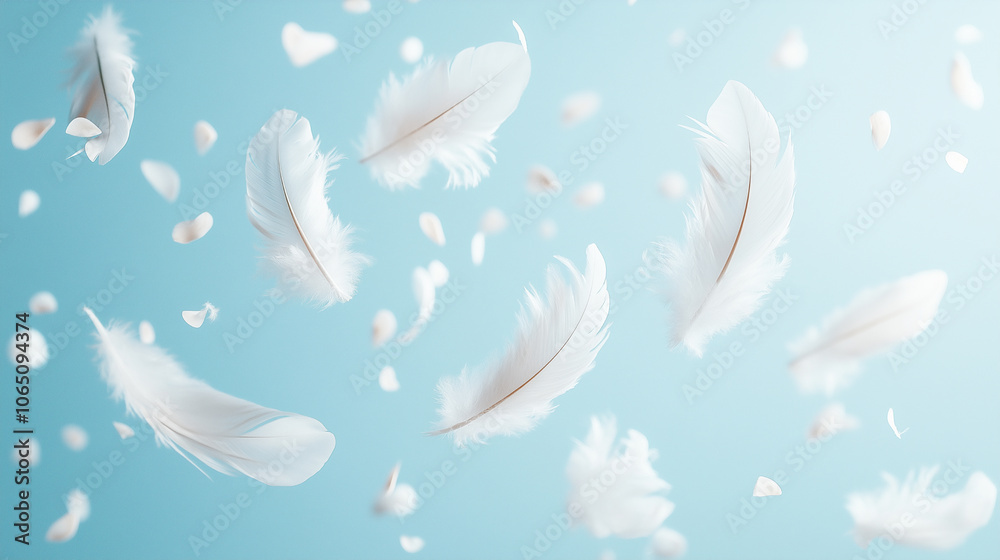 Large white quill feathers gently floating in the air. Each feather is glowing slightly and are delicate soft focus and bokeh Large white quill feathers gently floating in the air. Each feather is glowing slightly and are delicate soft focus and bokeh