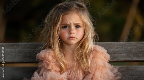 A sad young girl with long, flowing hair sits on a wooden bench, draped in a fluffy dress, evoking a sense of fragility and deep contemplation. photo