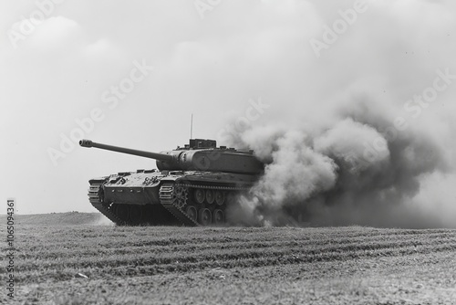 A battle tank charges ahead, generating clouds of dust against the landscape, exemplifying sheer power and the relentless drive of modern military mechanics in action. photo