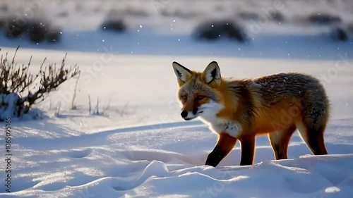 Snowflakes on Fox Walking Across Snowy Field, Winter Snowfall on Fox in Snowy Landscape
