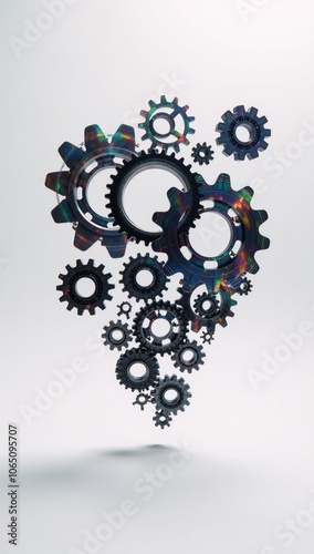 A holographic rotating gears icon representing a diverse business community against a white background photo