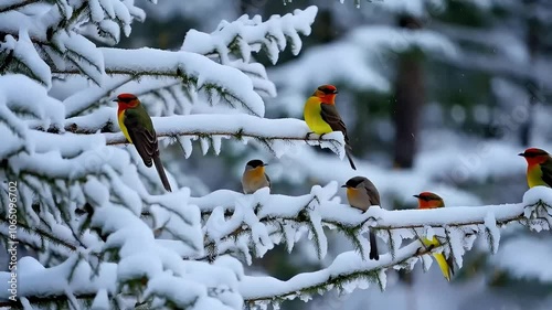 Birds on Snowy Branches with Snowfall, Winter Snowfall on Birds in Snow-Covered Trees
