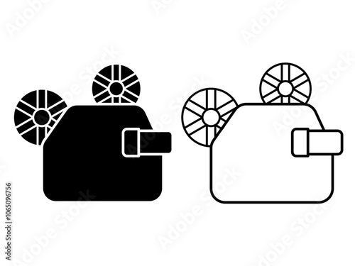 Simple retro movie camera linear icon vector illustration. Monochrome cinema production with filmstrip and projector isolated on white. Outline broadcasting multimedia equipment recording technology