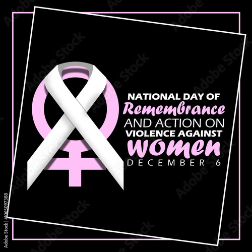 National Day of Remembrance and Action on Violence Against Women to commemorate on December 6th. White campaign ribbon with female symbol and bold text on black background. photo