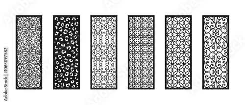 Black and white decorative panels with openwork ornaments isolated on a white background. Vector set of privacy screen, fence, room divider, interior partition for CNC, laser cutting in metal and wood