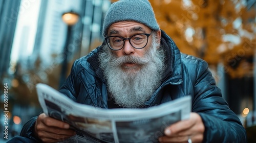 A bearded man in a gray beanie and glasses reads a newspaper outdoors, surrounded by tall buildings and autumn trees, blending urban and serene elements. photo