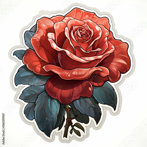 Illustration of a red rose with blue leaves isolated on white background