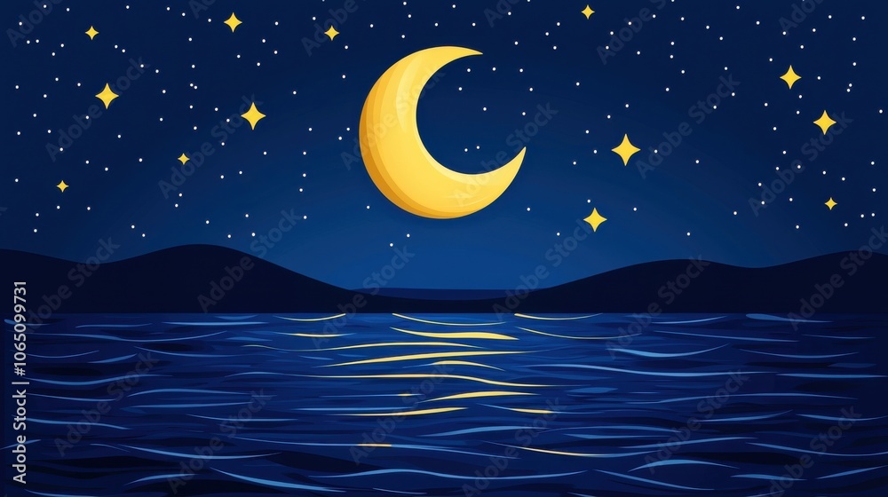 Naklejka premium Serene Moonlit Night Over Calming Water