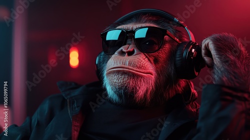 A chimpanzee dressed like a DJ with sunglasses and headphones, set against a vibrant red background that gives the scene a modern lively ambiance. photo