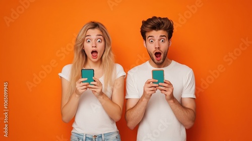 A surprised young man and woman, both holding smartphones, stand against a bright orange background. Their wide eyes and open mouths suggest shock or amazement